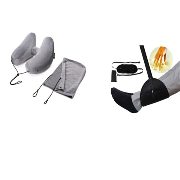 U-Shaped Travel Neck Pillow Set – Inflatable Cushion with Eye Mask & Earplugs (+ Optional Footrest Set)