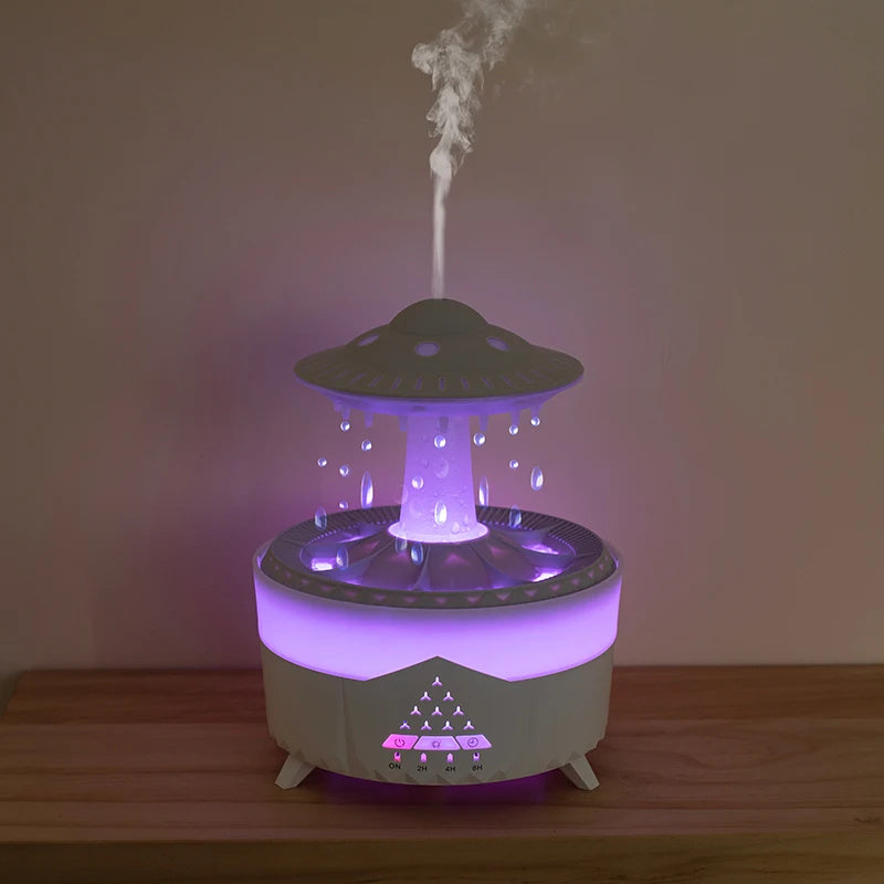 UFO Raindrop Humidifier & Essential Oil Diffuser – Rain Sound, Night Light & Remote Control