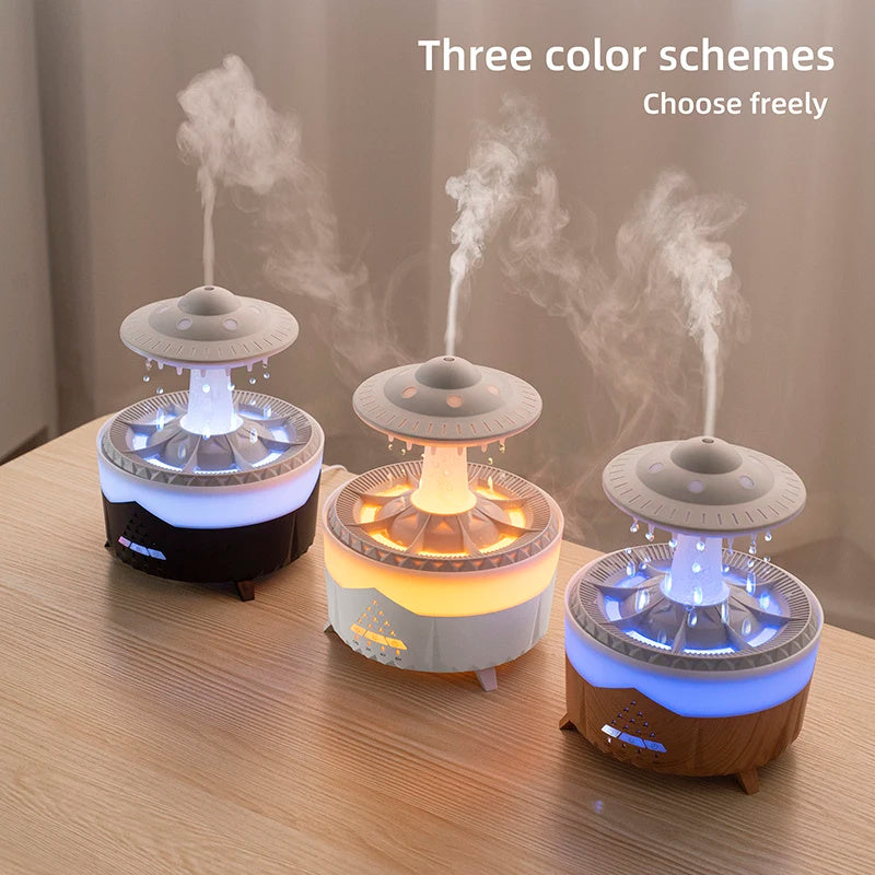UFO Raindrop Humidifier & Essential Oil Diffuser – Rain Sound, Night Light & Remote Control