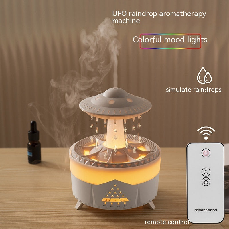 UFO Raindrop Humidifier & Essential Oil Diffuser – Rain Sound, Night Light & Remote Control