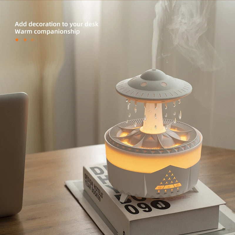 UFO Raindrop Humidifier & Essential Oil Diffuser – Rain Sound, Night Light & Remote Control