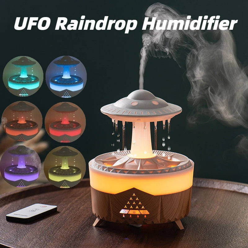 UFO Raindrop Humidifier & Essential Oil Diffuser – Rain Sound, Night Light & Remote Control