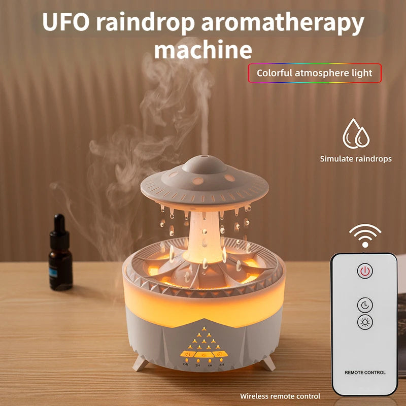 UFO Raindrop Humidifier & Essential Oil Diffuser – Rain Sound, Night Light & Remote Control