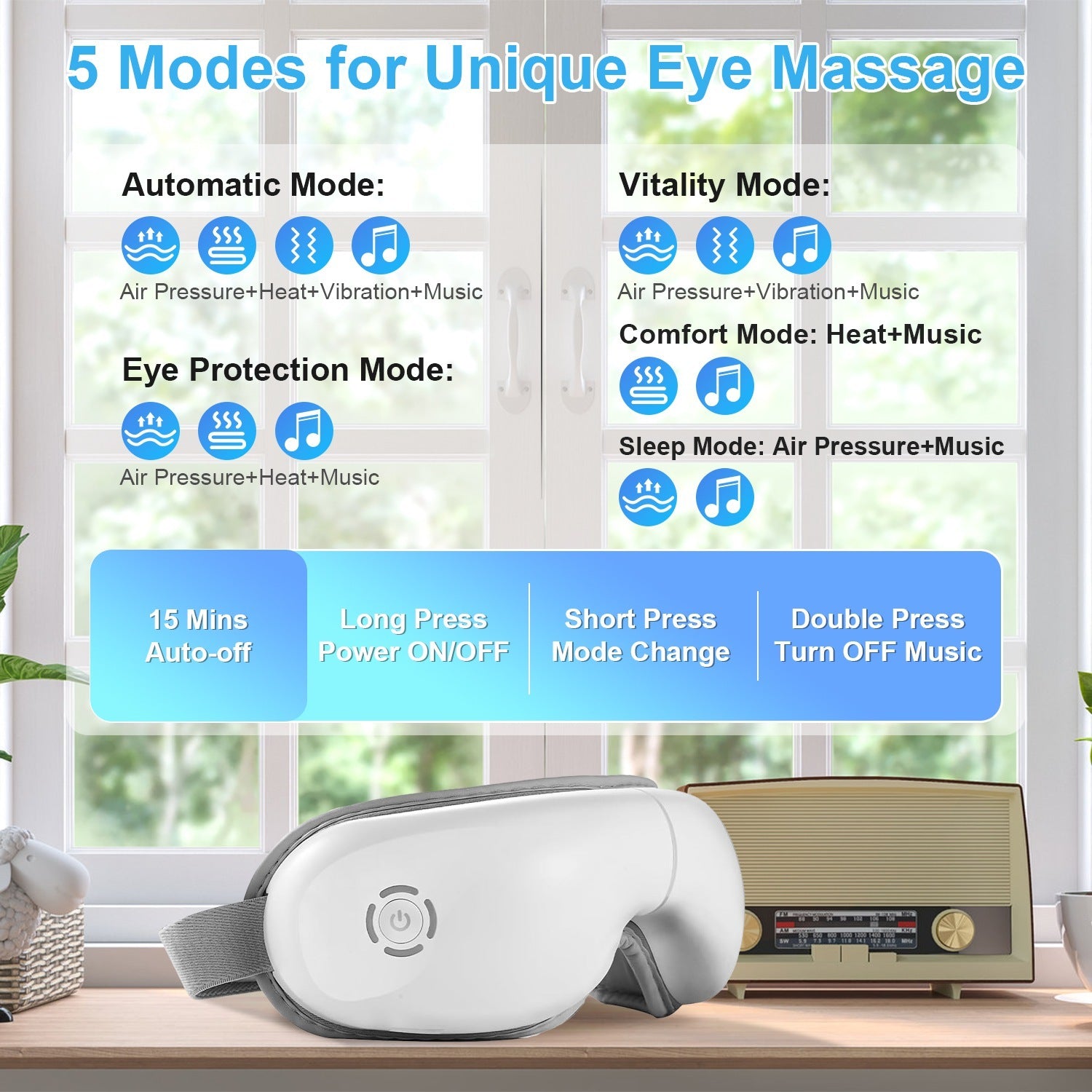 [US Only] Rechargeable Heated Eye Massager – Air Pressure, Vibration & Music (Single Unit)